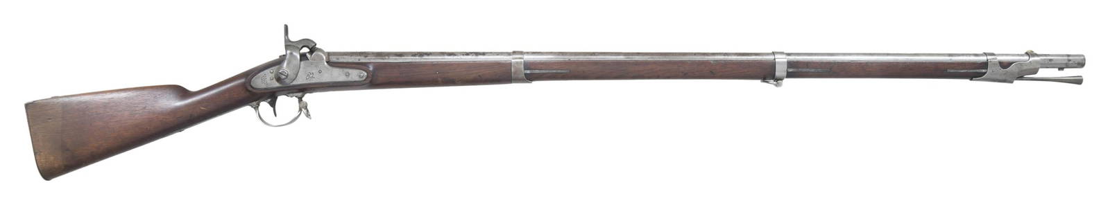 SPRINGFIELD MODEL 1842 U.S. PERCUSSION MUSKET.: Cal. 69. NSN. Bbl. 42" rnd. with smoothbore and "1845" date on top tang. Breech end of bbl. has "V/P/ (EAGLE HEAD)" proofs with apparent rack marking "178". "1845" dated Springfield lock with American