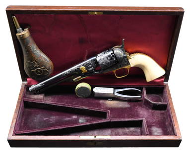 CUSTOM CASED & ENGRAVED CIVIL WAR COLT 1861: PERCUSSION NAVY REVOLVER. Cal. 36. S# 1226. This is a stunning fancy engraved revolver with gold inlays and fanciful presentation on backstrap. This revolver manufactured in 1861 has been totally refi