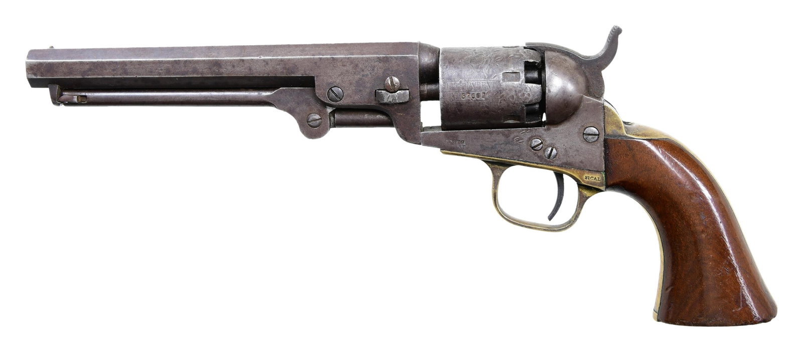 FINE CIVIL WAR 6" COLT 1849 POCKET MODEL REVOLVER.: Cal. 31. S# 257601. Standard configuration made during height of Civil War early 1864, 6" octagonal barrel with 1-line NEW YORK US AMERICA address, small "COLT'S / PATENT" right side of frame, stageco