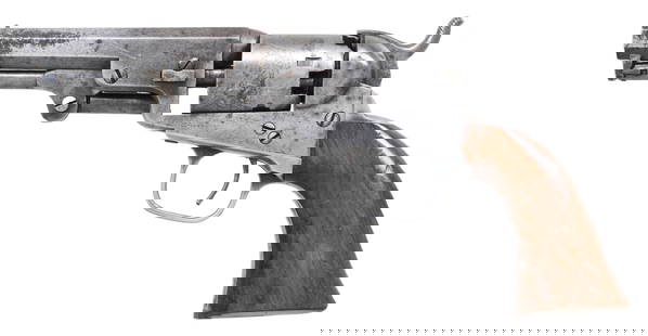 FINE COLT 1849 POCKET MODEL REVOLVER.: Cal. 31. S# 113053. Standard configuration made in 1856, 4" octagonal barrel with 2-line "ADDRESS SAML COLT / NEW YORK CITY" address, small "COLT'S / PATENT" right side of frame, stagecoach holdup sce