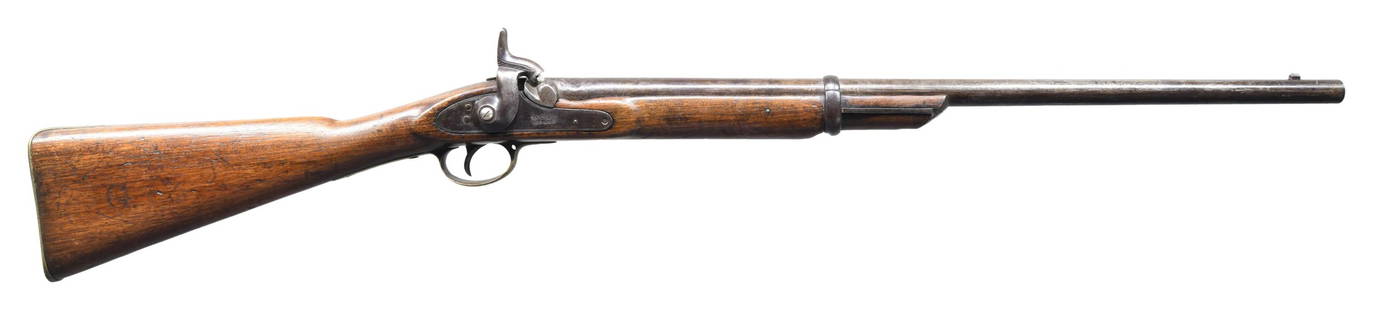 CUT DOWN CONFEDERATE BLOCKCADE RUN GEORGIA "G": ENFIELD MUSKET. Cal. 577. S# 3655. Barnett contracted rifle musket originally with 39" London proofed barrel, cut to 26.5" with front sight moved and attached in dovetailed slot near muzzle. Rear sigh