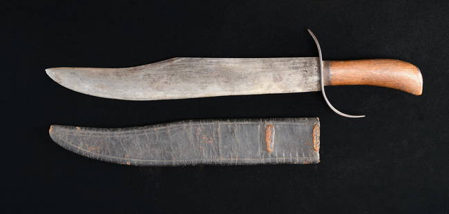 IMPRESSIVE LARGE CONFEDERATE SIDE KNIFE FROM TEXAS: ESTATE. 18.5" overall, hefty 14" clip point blade. New discovery from central Texas estate, classic large Confederate side knife, "S" shaped crossguard, short iron ferrule, sculpted grip, peened iron