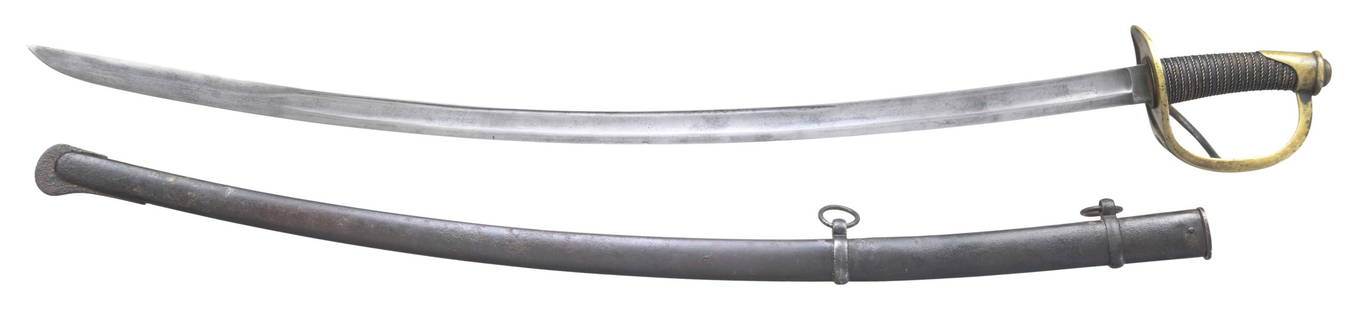 CONFEDERATE PALMETTO ARMORY SABER & SCABBARD.: 36" blade with characteristic short ricasso with the correct original stamp "Columbia S.C". William Glaze had contract with the state of South Carolina for cavalry sabers in the early 1850s and this i