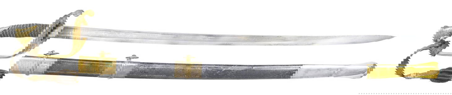 FINE CIVIL WAR AMES PRESENTATION FOOT OFFICER'S: SWORD, LT. PG GALVIN, 6TH MISSOURI INFANTRY. Standard configuration of the Civil War model 1850 foot officer sword, 30.5" patriotic etched blade, shark skin grip, brass mounted AMES scabbard with engr
