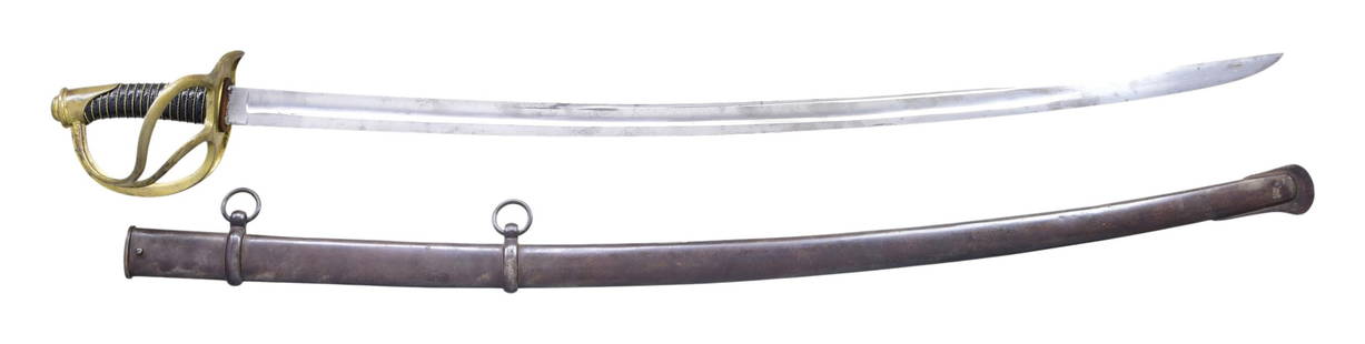 FINE 1840 STYLE CAVALRY SABER.: 33" bright blade with small secondary fuller denoting this is import and not American made. Scabbard has double screwed throat with 2 mounting rings. CONDITION: very good overall, wire wrap is profess