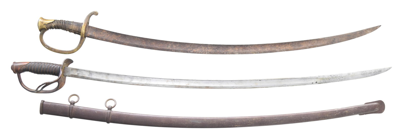 2 US CIVIL WAR ERA SWORDS: 1) CAVALRY. A good example of a US style imported M1860 Cavalry saber measuring 43 1/2" overall with a 35" plain unmarked blade. Brass semi-basket guard with a wire wrapped leather grip and iron scabb