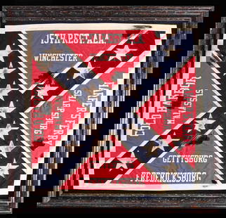 REPRODUCTION 15TH ALABAMA ANV-STYLE BATTLE FLAG.: About 36" x 37" machine sewn red, white, and blue cotton panels with painted battle honors, artificial aged "battle damage" holes, 45" x 45" frame. CONDITION: appears very good as framed. (02-24574/JS