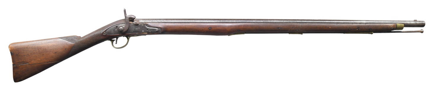 PERCUSSION CONVERTED 3RD MODEL BROWN MESS MUSKET.: Cal. 70. NSN. Bbl. 38". Third Model Brown Bess converted to percussion & restocked. Lock has British crown "GR" & "TOWER" markings. One of the lock screws is missing. Left side of bbl. has faint Briti