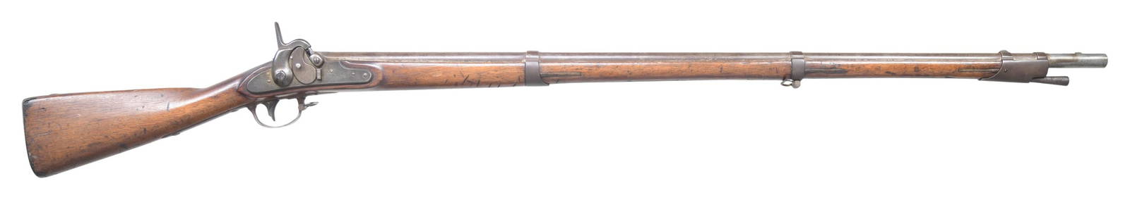 U.S. MODEL 1816 REMINGTON CONVERION MUSKET WITH: MAYNARD TAPE PRIMER FEED. Cal. 69. NSN. Bbl. 42" with rifled bore. Top tang is dated "1857". Lock is marked "REMINGTON'S/ ILION. N.Y./ 1858/ U.S.". Conversion musket retrofitted with Remington lock an