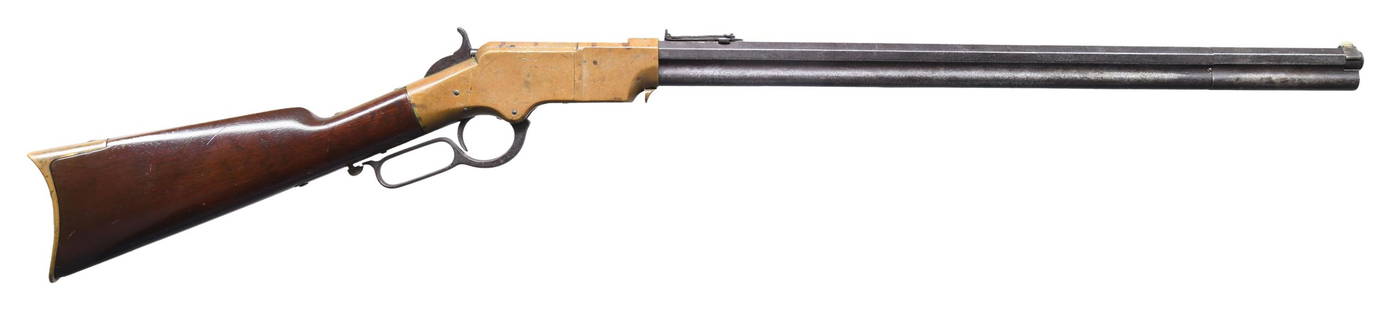 CIVIL WAR HENRY RIFLE.: Cal. 44. S# 6948. This rifle was made mid-1864, at height of Henry's demand among soldiers who could afford the most modern repeating rifle of its day with 15 shot capacity. Standard configuration, 24