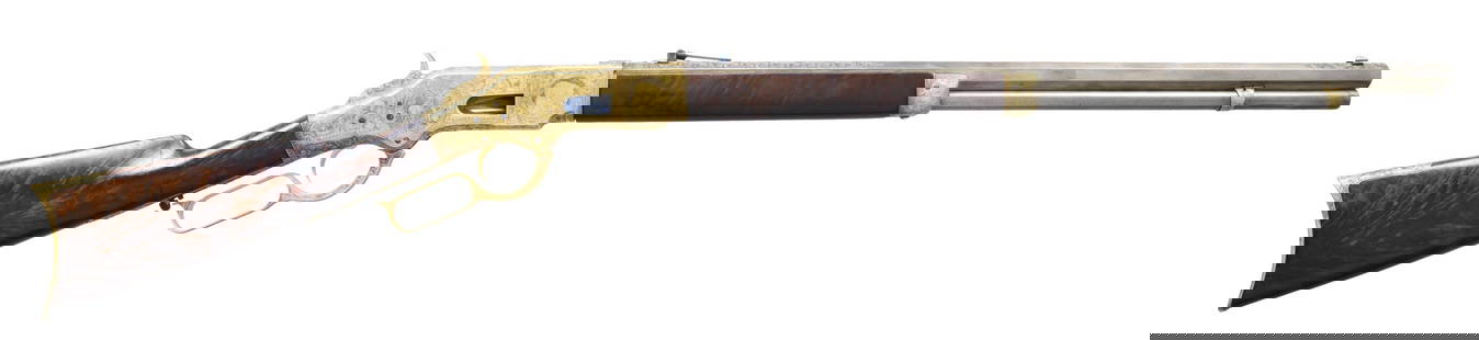 WINCHESTER 3RD MODEL 1866 HIGHLY ENGRAVED LEVER: ACTION RIFLE. Cal. 44 CF. S# 124055. Bbl. 24" octagon w/ German silver blade front sight & graduated leaf rear sight. Upgraded rifle w/ stunning full coverage hand engraving. Circular vignettes on rig