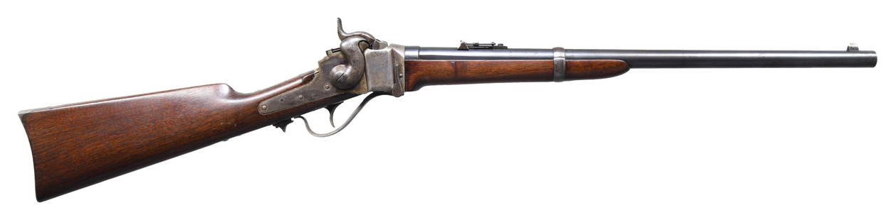 SHARPS NEW MODEL 1863 CARTRIDGE CONVERSION: CARBINE. Cal. 50-70. S# C,32062. Bbl. 22". German silver blade front sight w/ Lawrence patent leaf rear sight. Case colored action retains the Lawrence primer feed mechanism on the lockplate. Left sid