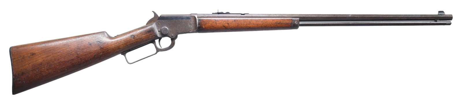 MARLIN MODEL 1897 LEVER ACTION RIFLE.: Cal. 22 S, L, LR. S# 262034. Mfg. 1902; appears to be an assembled rifle with mismatched period & modern replacement parts. Bbl. 24" oct. w/ full length tubular mag. Modern replacement gold bead front