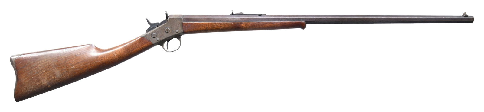 REMINGTON ARMS CO. NO. 2 SINGLE SHOT RIFLE.: Cal. 32 W (32-20). S# 36606. Matching numbered oct. 26" barrel. Blade front sight & elevator rear sight. Case hardened rolling block action. Walnut stock set with ebony forearm tip, & metal buttplate.