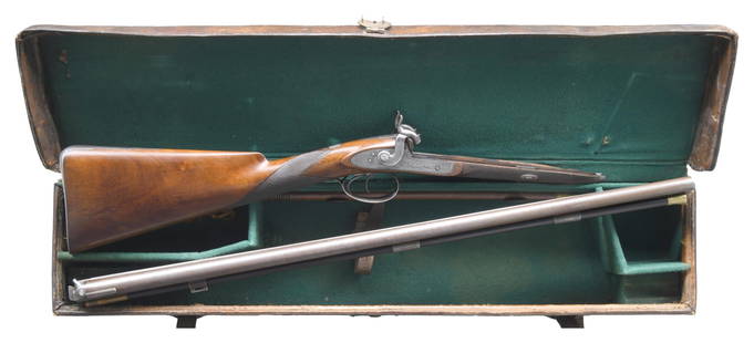CASED LONDON PROOFED "STARK TORQUAY" SXS: PERCUSSION SHOTGUN. Cal. 16 Bore. NSN. The 29 3/8" barrels have brass bead; chokes measure approx. IC & Cyl. Breeches have modern nipples. Locks have floral scroll engraving, "STARK TORQUAY" & field h