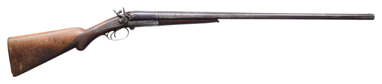 BELGIAN H. PIEPER SIDE LEVER SXS SHOTGUN.: Cal. 12 Ga., 2 5/8". S# 16806. Twist steel 30" barrels with brass bead & H Pieper patent markings on rib. Mod chokes. Water table has Pre 1893 Belgian proofs. Lefaucheux style back action locks marked