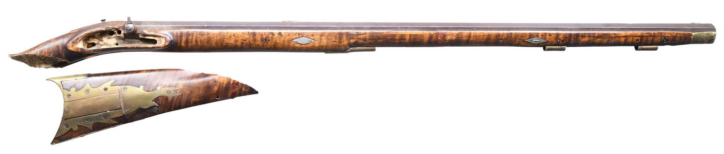 "JK" SIGNED FULL STOCK PERCUSSION PARTS RIFLE.: Cal. 50. NSN. The octagon 35 1/2" barrel has a German silver blade front sight and a large brass dovetailed base for the rear sight; the rear sight is broken off and missing. Bolster-style breech. Dou