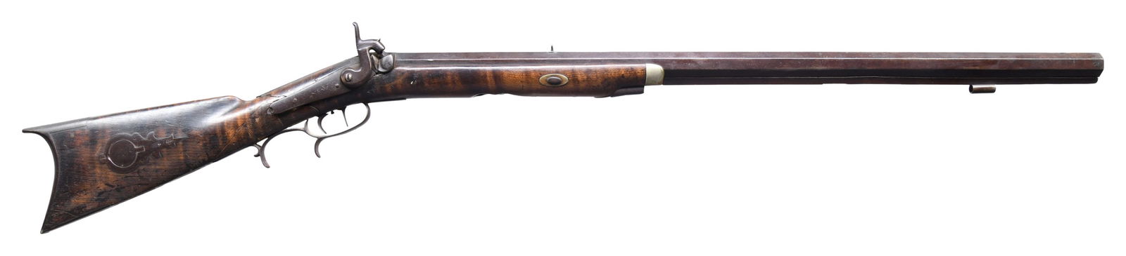 UNMARKED HALF-STOCK PERCUSSION RIFLE.: Cal. 40. NSN. Bbl. 31 1/2". No front sight present. V-notch rear sight. Upper tang has vacant hole likely for aperture sight mounting. Unmarked half-stock percussion rifle. Double set triggers. Finger