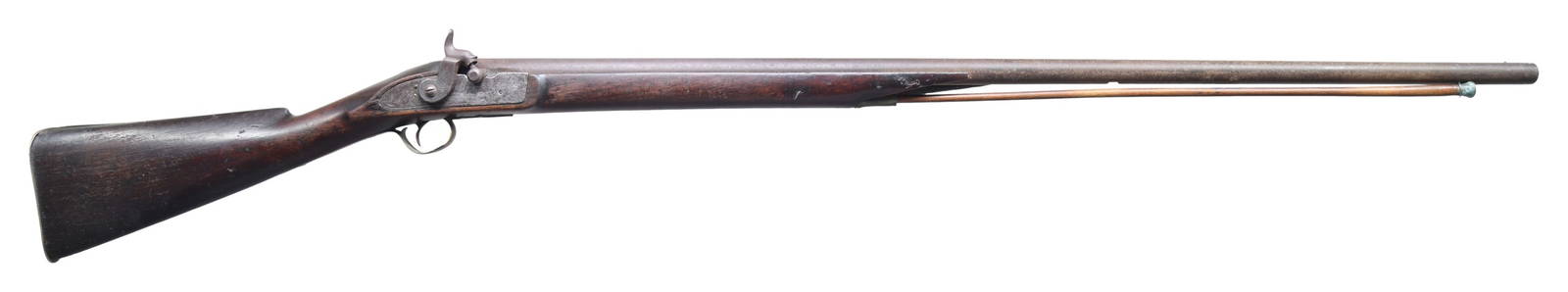 WH BARNES PERCUSSION FOWLER.: Cal. about 12 Ga. NSN. Bbl. 39". Lock has faint "WH BARNES BOSTON" marking. Gun otherwise has no visible markings. Hammer appears to be an old replacement with floral engraving. Hardwood half-length s