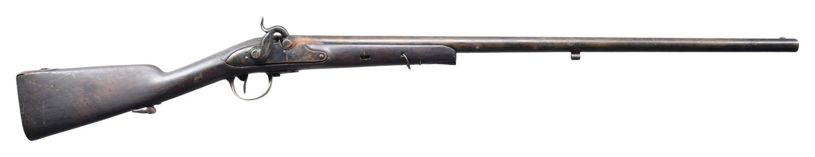 UNMARKED PERCUSSION CONVERSION FOWLER.: Cal. 72 (12 Ga.). NSN. Barrel 29 3/4" w/ blade front sight & 1 ramrod pipe. Appears to be a conversion of flintlock musket utilizing lock & cut down musket stock. Stock has been modified with wedge fa