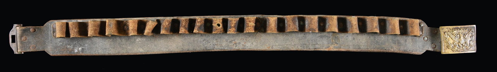 SHOTGUN CARTRRIDGE BELT WITH M1851 US BUCKLE.: An interesting cartridge belt most likely for a shotgun. The belt was made by a local artisan, probably in the western US, utilizing what was available. The belt is bridle leather and the loops are bu