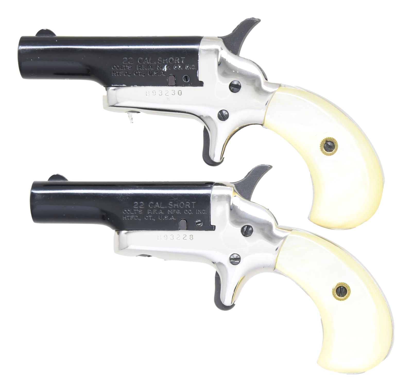 PAIR OF BUTLER / COLT 3RD MODEL THUER DERRINGERS.: ALL: cal. 22 short. Mfg. 1959-1963 for Colt. Black anodized 2.5" bbls. Side pivoting Thuer actions. Nickel finished frames. Pearlite grips. CONDITION: very good overall appearance with light flaking o