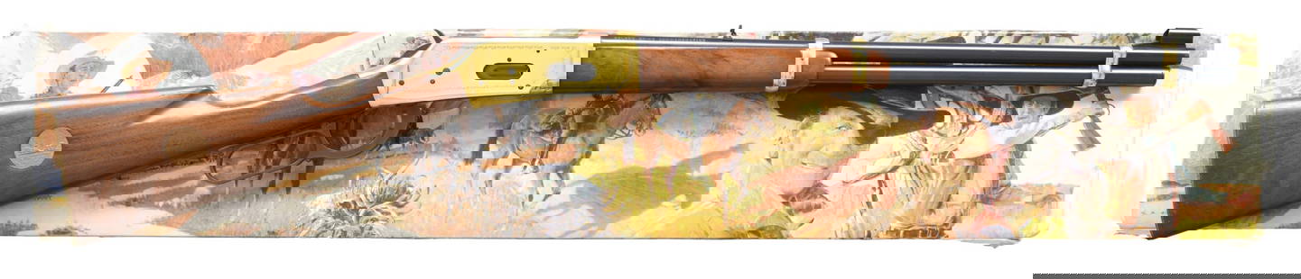 WINCHESTER MODEL 94 GOLDEN SPIKE COMMEMORATIVE: LEVER ACTION RIFLE WITH STYROFOAM INSERT & SLEEVE. Cal. 30-30. S# GS31921. Bbl. 20". Model 94 Golden Spike commemorative lever action rifle mfg. by Winchester. The left side of the bbl. is marked with
