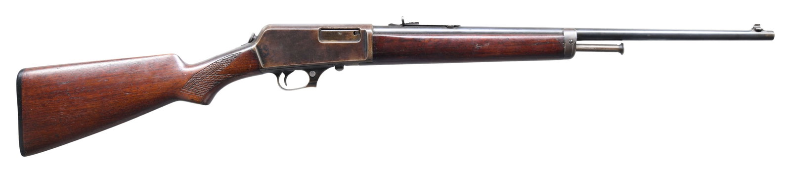 EARLY WINCHESTER MODEL 1905 SEMI-AUTOMATIC RIFLE.: Cal. 35 WSL. S# 13278. Bbl. 22". Model 1905 semi-automatic rifle mfg. by Winchester during the second year of production (1906). Top of the bbl. exhibits markings stipulating Winchester's mfg. and pat