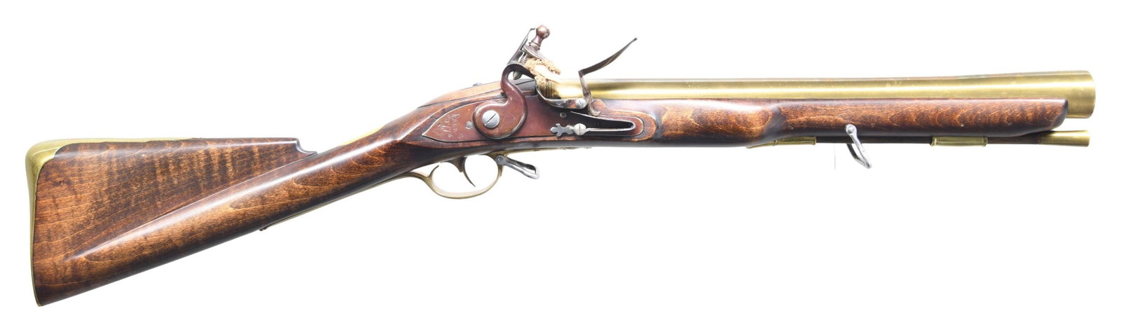 REPRO FLINTLOCK FRENCH STYLE BLUNDERBUSS: Cal. approx 1 1/4" at bell. NSN. Bbl. 16 1/2" brass. French style reproduction blunderbuss. Rear of lock marked "Fred C. 1776". Lock assembly has browned finish & upper tang blued finish. Balance of o