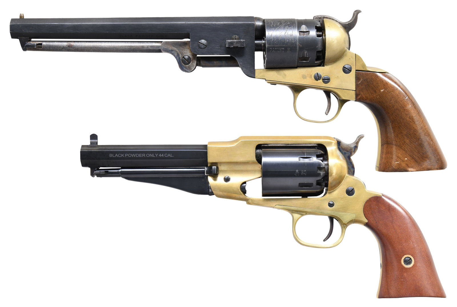 2 ITALIAN REPRODUCTION CAP & BALL REVOLVERS.: 1) .44 NAVY MODEL. Cal. .44. S# 7489. Oct. 7.5" barrel with cone front sight. 6 Shot rebated cyl. with Naval engraved scene. Brass frame. One piece walnut grip. CONDITION: good finish on metal & grips