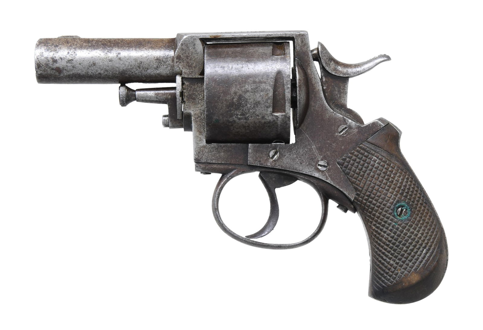 BELGIAN PROOFED BRITISH BULLDOG REVOLVER.: Cal. appears to be 44 Bull Dog. NSN. Bbl. 2.5" w/ blade front sight. 5 Shot cyl. has pre 1893 Belgian black powder proof. Ejector housed within cyl. pin. Two piece checkered walnut grips. CONDITION: m