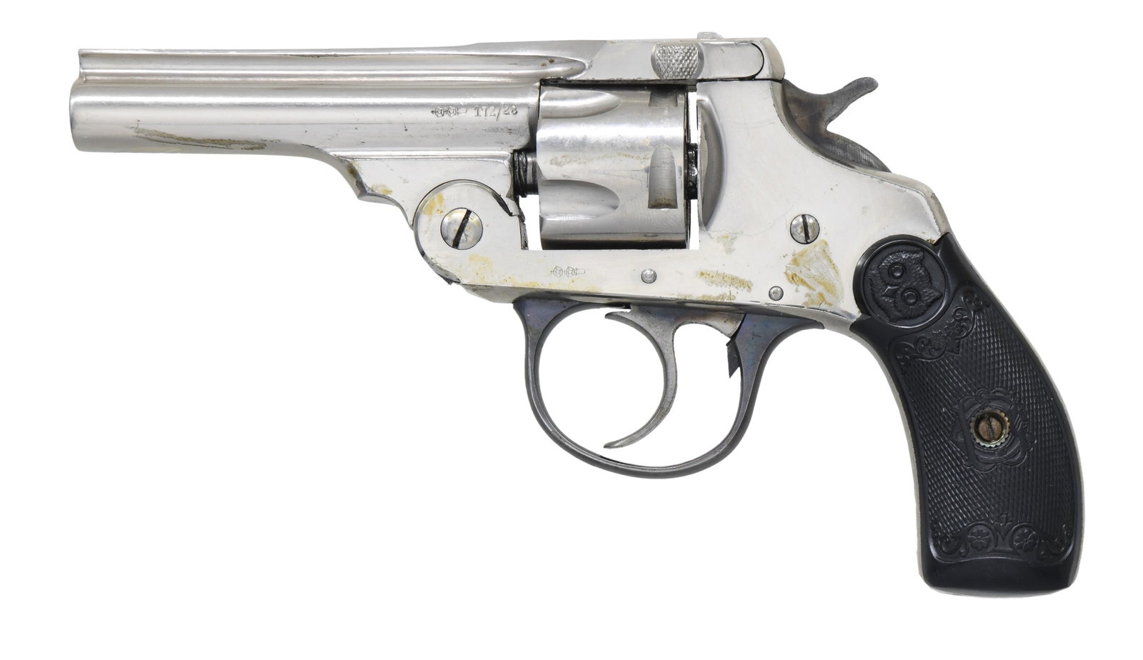 IVER JOHNSON 32 S&W 1ST MODEL SAFETY AUTOMATIC: HAMMER DA REVOLVER WITH GERMAN PROOFS. Cal. 32 S&W. S# A25868 (under grips). Mfg. 1896 as 2nd Variation. Bbl. 3". Rib has maker's address & patent dates; front sight missing. 5 Shot fluted cyl. Nickel