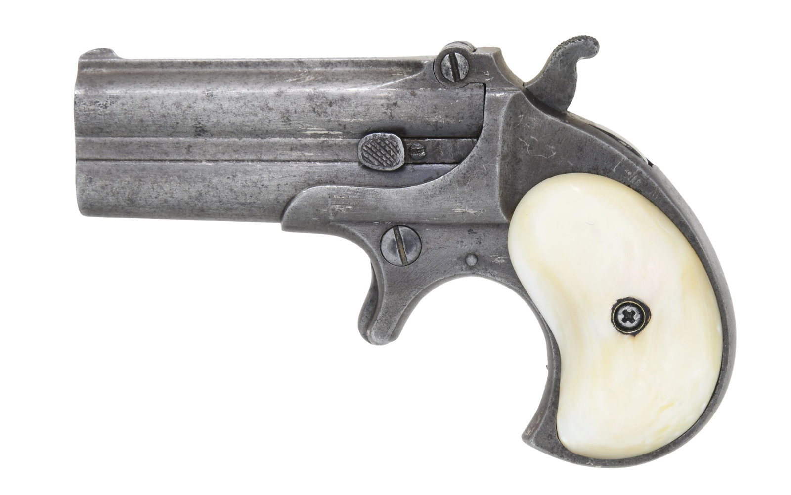 REMINGTON ELLIOTT PATENT MODEL 2 OVER-UNDER: DERRINGER. Cal. 41. S# 4968. About 15,000 2nd models were made between 1868 and 1888. Standard configuration with 3" superposed barrels marked in 2-lines: "E. Remington & Sons, Ilion NY / Elliots Pate