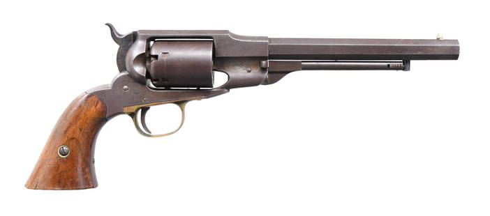 REMINGTON-BEALS NAVY MODEL REVOLVER.: Cal. 36. S# 290. Bbl. 7 1/2" octagon w/ cone style front sight. Six shot round cyl. w/ safety notches & double wing cyl. pin. Blue finish w/ brass trigger guard. 2 piece walnut grips. Estimated quanti
