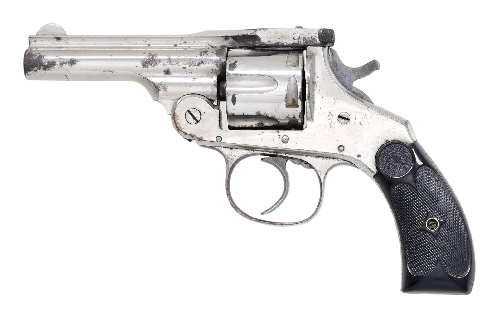 THAMES DA 32 REVOLVER.: Cal. 32 S&W. S# 60229. Bbl. 3 1/4". Round blade front sight. U-notch rear sight. Thames Arms revolver made in early 1900's in Norwich, CT. Nickel finish. Checkered black hard rubber grips. CONDITION:
