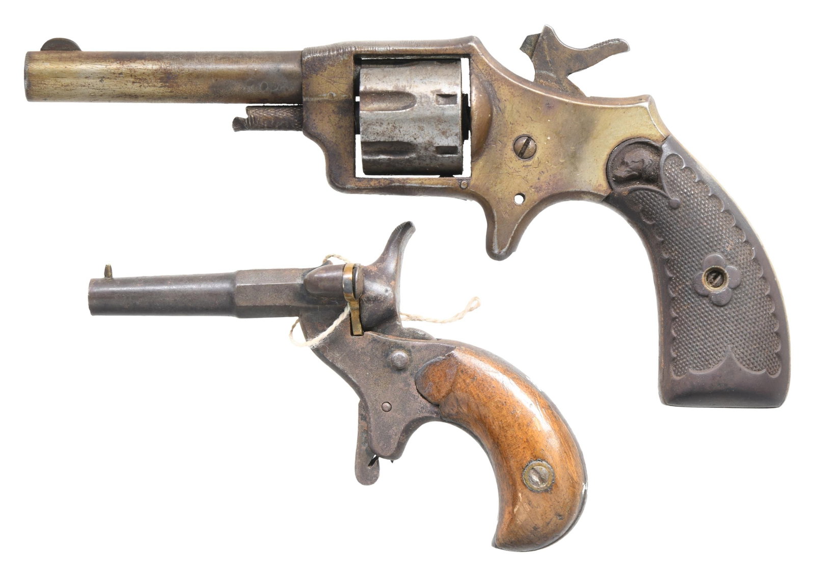 LOT OF TWO SMALL ANTIQUE PISTOLS.: This lot consists of the following antique pistols both in Cal. 22 RF: 1) HOPKINS & ALLEN BLUE JACKET REVOLVER. NSN. Bbl. 2 3/4". Round blade front sight. Trigger & some internal parts like mainspring
