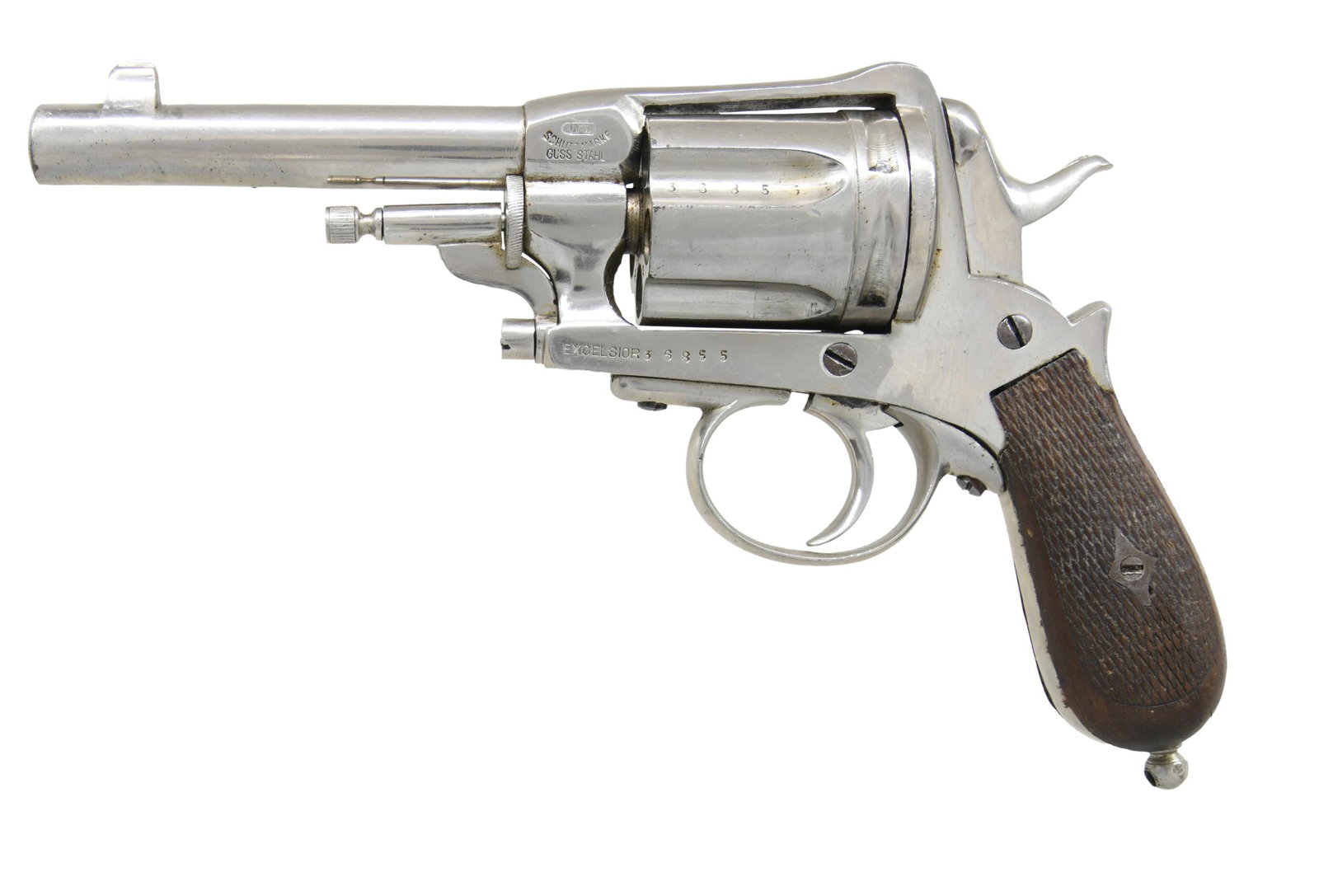 BELGIAN SCHUTZMARKE EXCELSIOR GASSER PATENT DA: REVOLVER. Cal. 11.3x36mmR. S# 36855. A Belgian commercial version of the Austro-Hungarian Cavalry Gasser M1870 revolver. Bbl. 5" w/ blade front sight sight. Belgian commercial marks on left side of fr