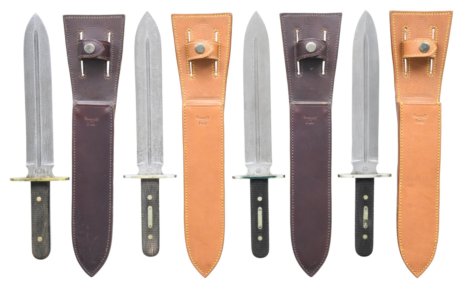 4 ROOSEVELT AND DRAKE CAMP KNIVES.: This lot contains 4 stunning Damascus steel, double-edged, spear point camp knives reproduced by Roosevelt and Drake from a pattern out of the 1925 Manton "Centenary" Catalogue. The knives were forged