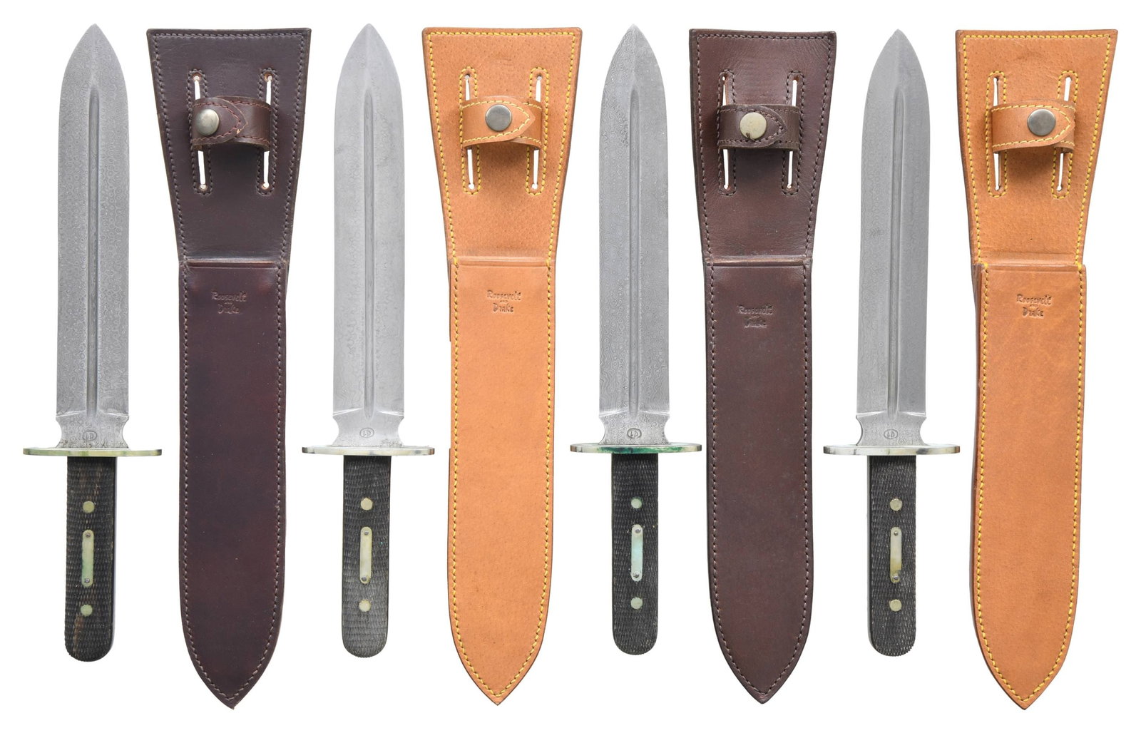 4 ROOSEVELT AND DRAKE CAMP KNIVES.: This lot contains 4 stunning Damascus steel, double-edged, spear point camp knives reproduced by Roosevelt and Drake from a pattern out of the 1925 Manton "Centenary" Catalogue. The knives were forged