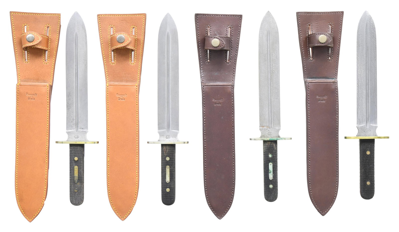 4 ROOSEVELT AND DRAKE CAMP KNIVES.: This lot contains 4 stunning Damascus steel, double-edged, spear point camp knives reproduced by Roosevelt and Drake from a pattern out of the 1925 Manton "Centenary" Catalogue. The knives were forged