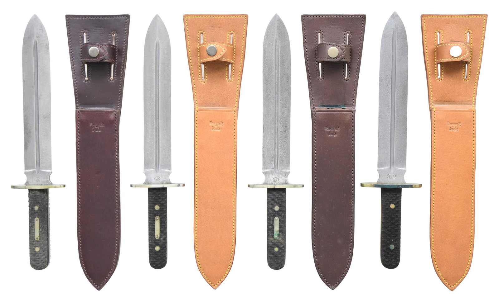 4 ROOSEVELT AND DRAKE CAMP KNIVES.: This lot contains 4 stunning Damascus steel, double-edged, spear point camp knives reproduced by Roosevelt and Drake from a pattern out of the 1925 Manton "Centenary" Catalogue. The knives were forged