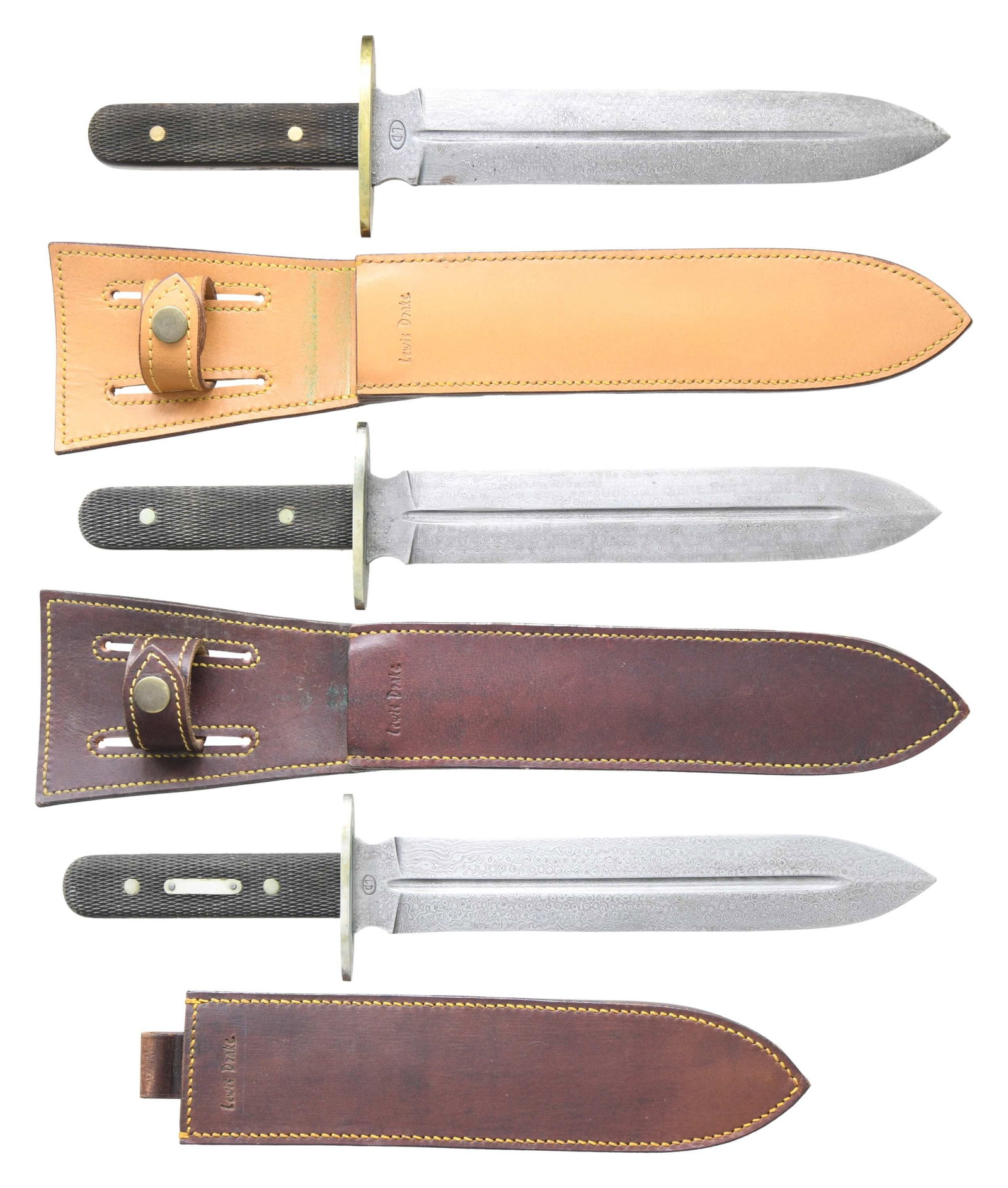 3 LEWIS DRAKE CAMP KNIVES.: This lot contains 3 stunning Damascus steel, double-edged, spear point camp knives reproduced by Lewis Drake from a pattern out of the 1925 Manton "Centenary" Catalogue. The knives were forged entirel