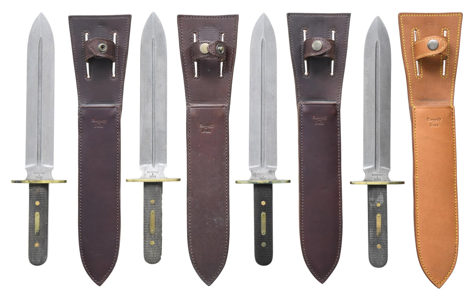 4 ROOSEVELT AND DRAKE CAMP KNIVES.: This lot contains 4 stunning Damascus steel, double-edged, spear point camp knives reproduced by Roosevelt and Drake from a pattern out of the 1925 Manton "Centenary" Catalogue. The knives were forged
