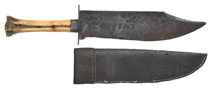 CLIPPED POINT BOWIE KNIFE.: An interesting and attractive Bowie knife, likely of 20th century origin, measuring 15 7/8" overall. The 2 3/4" wide 10" blade has a 3 1/2" clipped point. The ovate guard appears to be German silver.
