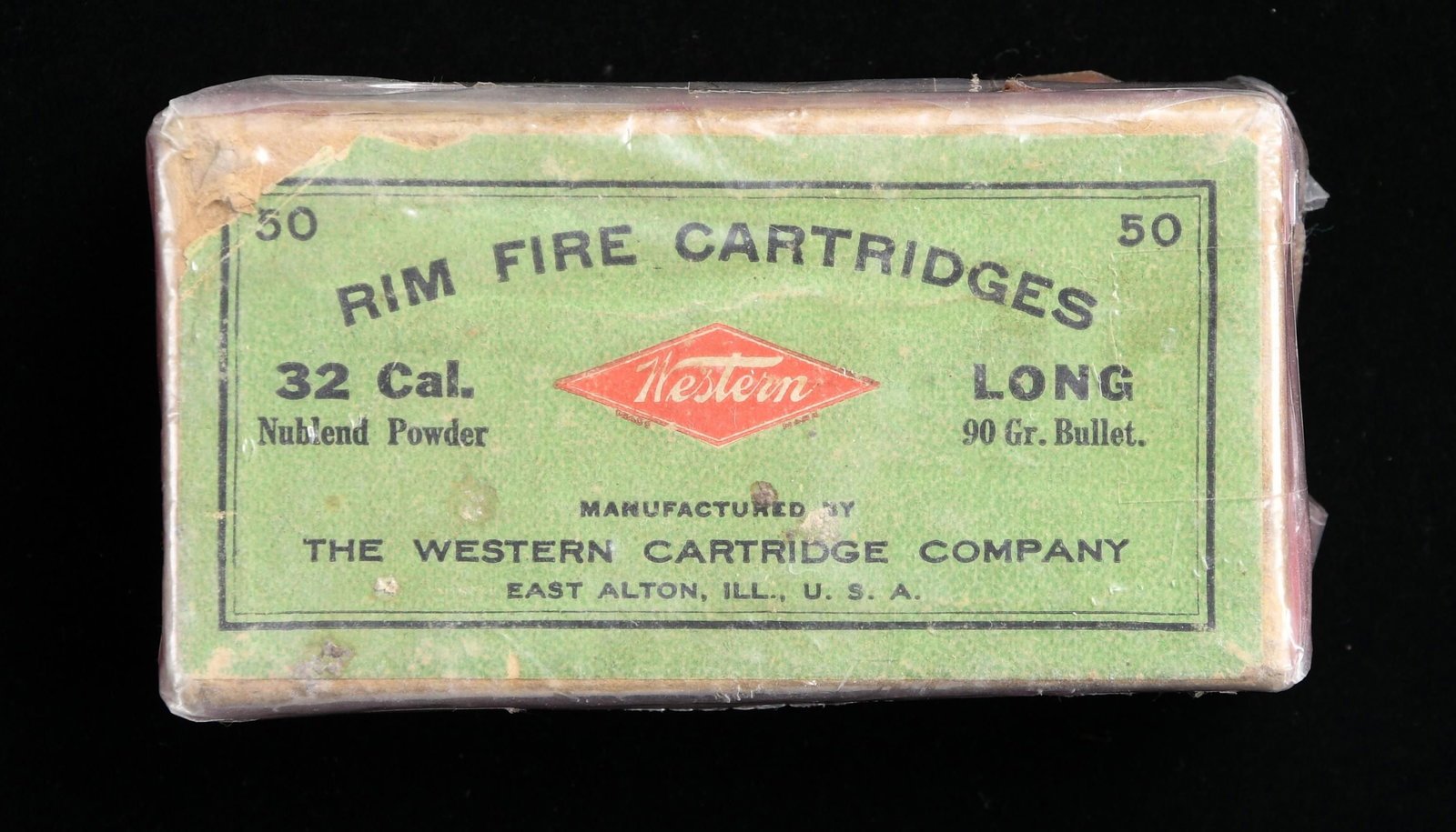 WESTERN GREEN LABEL 32 RIMFIRE CARTRIDGE PACK.: Full box of 50 .32 long rimfire cartridges manufactured by "WESTERN CARTRIDGE COMPANY". Red side labels which originally sealed box read "32 LONG RIM FIRE". CONDITION: very good overall, green label h
