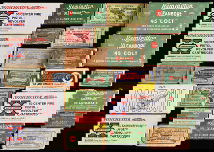 VARIETY OF VINTAGE AND ANTIQUE PISTOL AMMUNITION.: Lot contains hollow points. Rimfire Ammunition Includes: (22 Long.) No.1: REMINGTON-UMC. One partially full two-piece marbled box w/ red label. Box contains 12 rds. 29 grain bullet. (12 total) (22 Lon