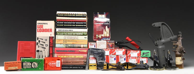 GROUPING OF RELOADING EQUIPMENT, MANUALS AND HAND: LOADER'S BULLETS. Group does not contain loaded ammunition. Reloading equipment includes 3 Lyman tong tool handles, 1 steel large marked 270 Win. 2 alloy, one large & one small. Not marked as to calib