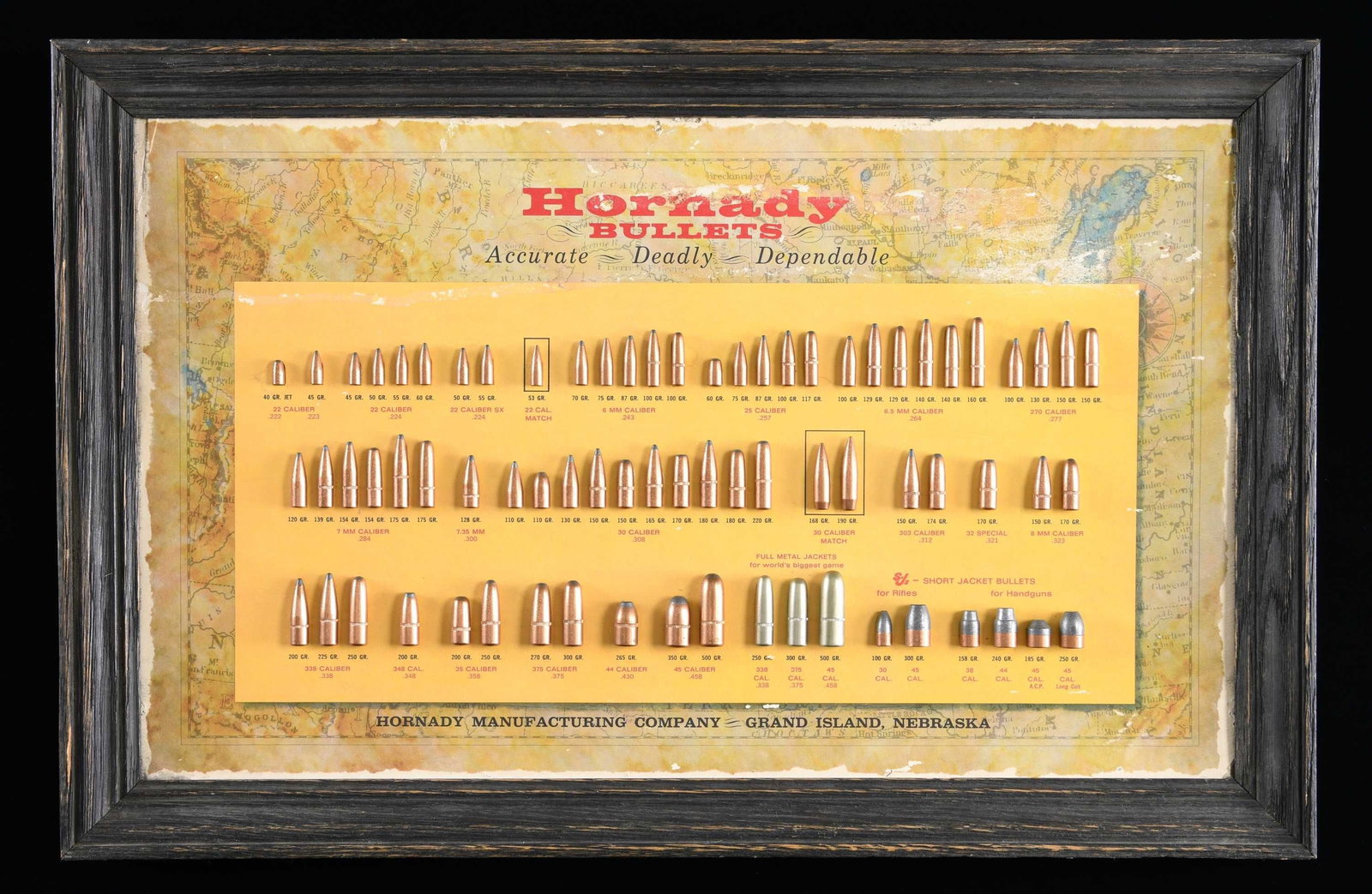 HORNADY BULLET ADVERTISING DISPLAY BOARD.: Bullet board produced by Hornady display a variety of projectiles ranging from .22 Caliber to .45 Caliber. Top fo the board is marked "Hornady/ BULLETS/ Accurate - Deadly - Dependable", with "HORNADY 