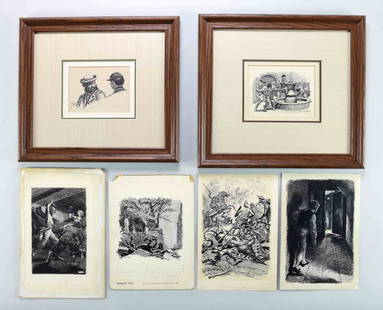 NORMAN PRICE (American, 1877-1951) GROUP OF SIX: PEN & INK ILLUSTRATIONS. To include "Conway's Features Became Iron-Grim"; "Whistling Cat" (2); "Patriotic Adventure"; and other illustrations featured in Liberty Magazine as well as "The Fortunate Shi