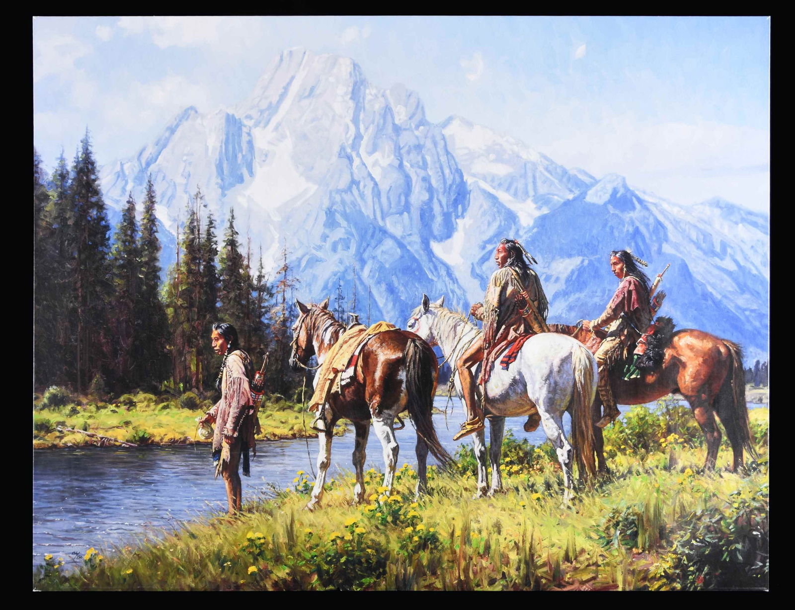 MARTIN GRELLE, L.E. GICLEE PRINT "RIVERS EDGE": 2011. #136/150, 32" x 40" giclee print on canvas. Unframed on stretcher. CONDITION: fine overall. (02-24572/JS). NON-GUN. $200-400.